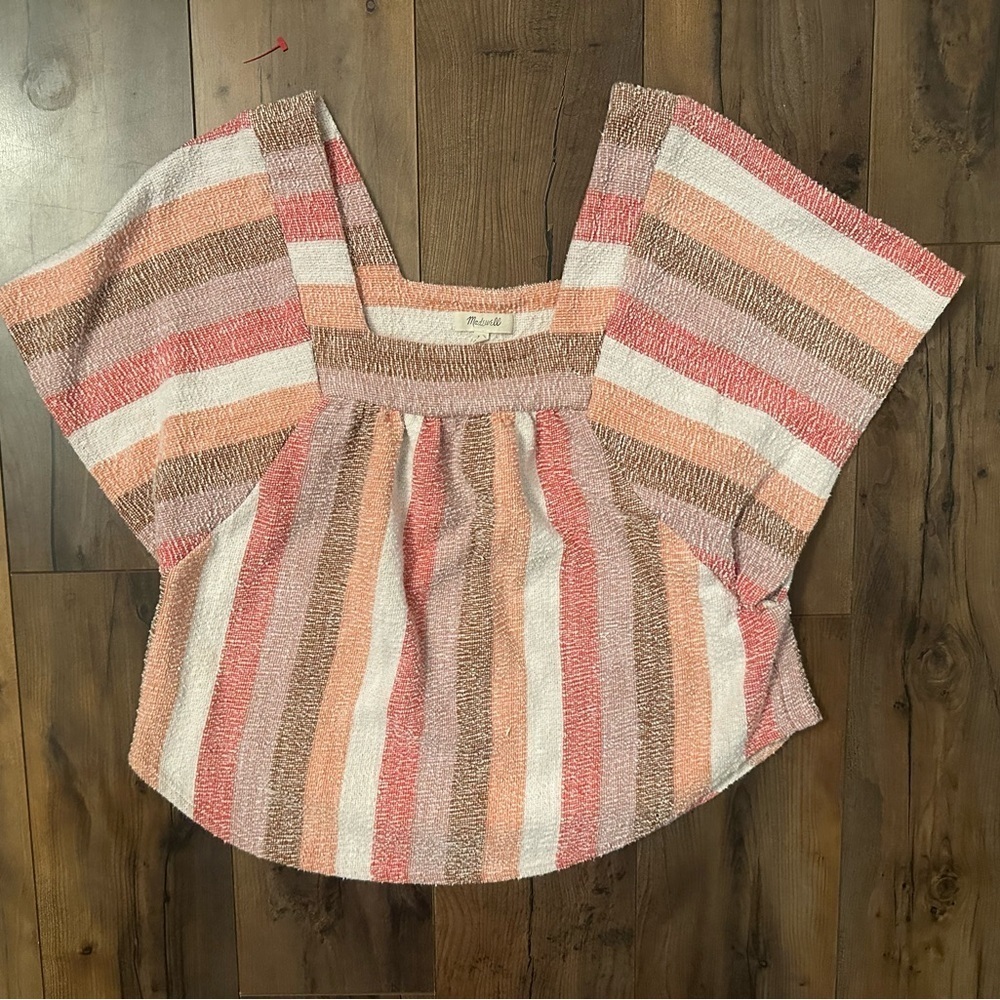 Madewell Striped Textured Cotton Top XS Boxy Square Neck Boho Summer Tee - Picture 2 of 8